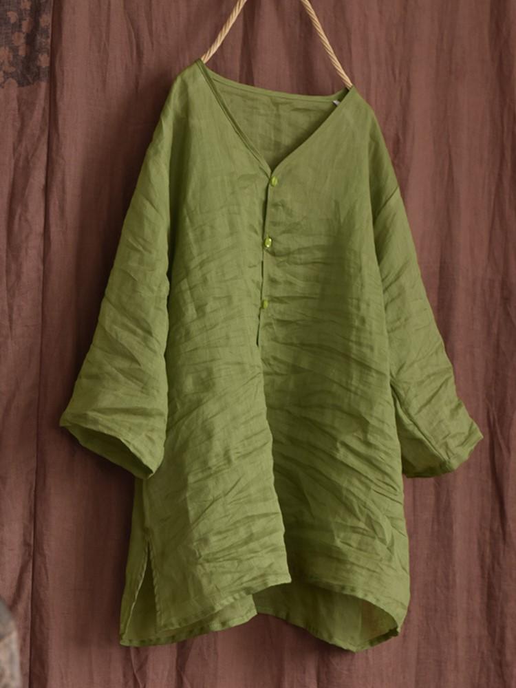 Johnature Женские винтажные рубашки в китайском стиле, топы, однотонные тонкие блузки, летние рубашки с семью рукавами и пуговицами