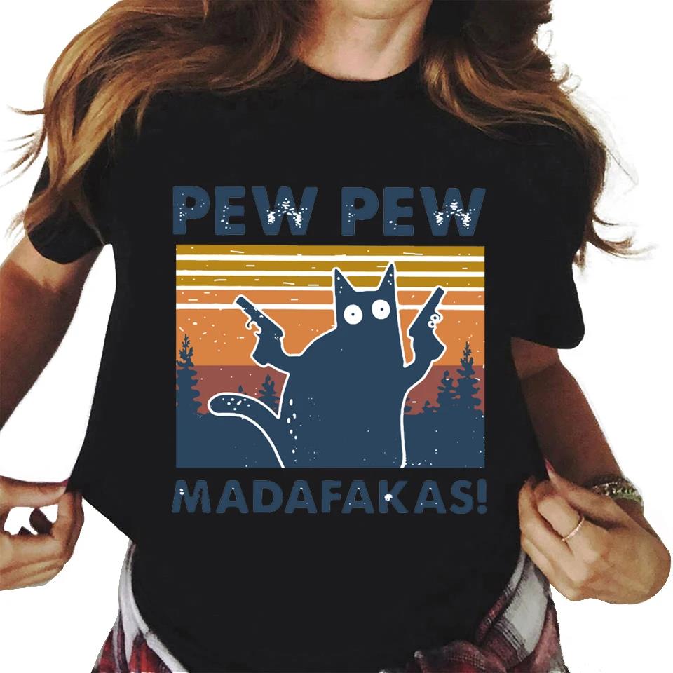 Футболка унисекс с графическим принтом Pew Madafakas с симпатичными черными кошками, модная повседневная футболка унисекс с круглым вырезом и коротким рукавом большого размера
