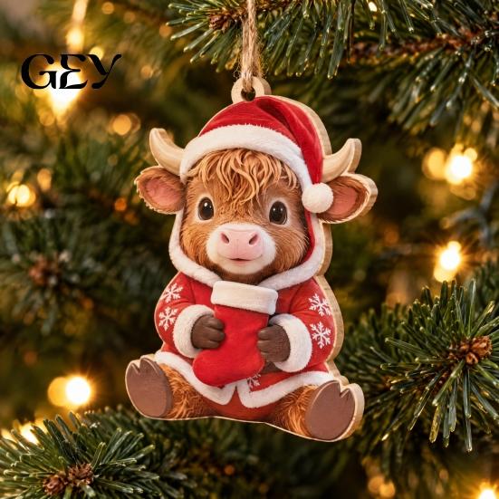 Wooden Hanging Decor for Christmas Tree Highland Cow Ornament, 2D Cute Shape Ornaments with String, Farmhouse Animal Holiday Party Decoration