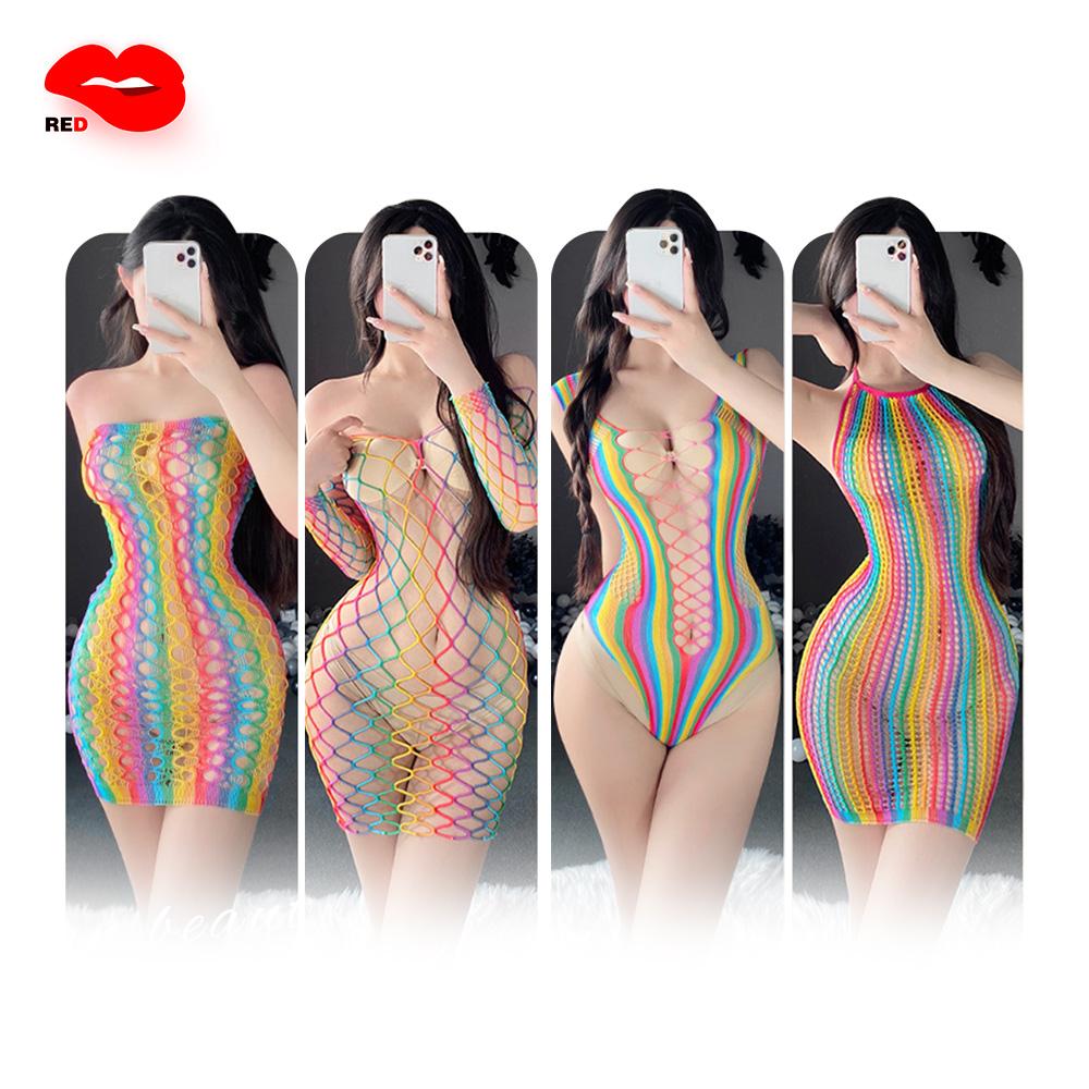 Sexy Lingerie for Women Fishnet Halter Chemise Rainbow Hot Mesh Mini Dress Bodysuit Through Clothes Flirtation Erotic for Couple