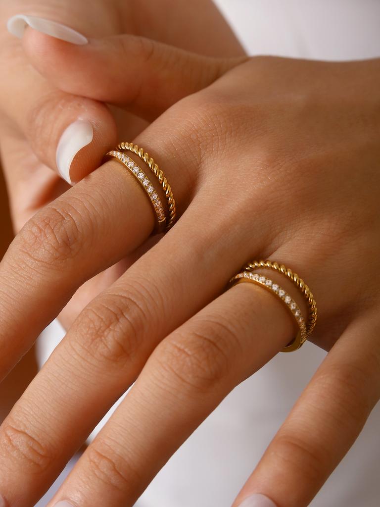 Korean Fashion Personality Cold Style Senior Sense Of Stainless Steel 18K Gold-Plated With Diamonds Double Layer Ring Female