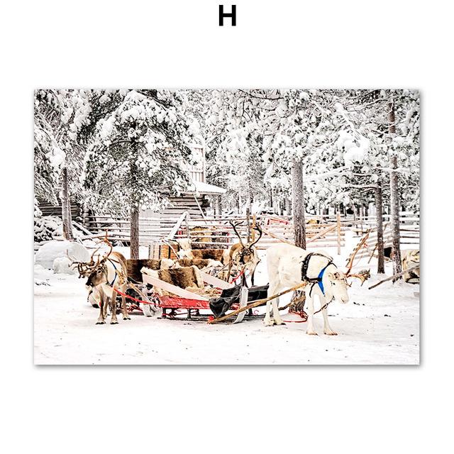 Зимний снежный пейзаж, картина на холсте, настенная живопись, сосновый красный автомобиль, золотой поезд, постер и принт для дома, Рождественский подарок, Декор