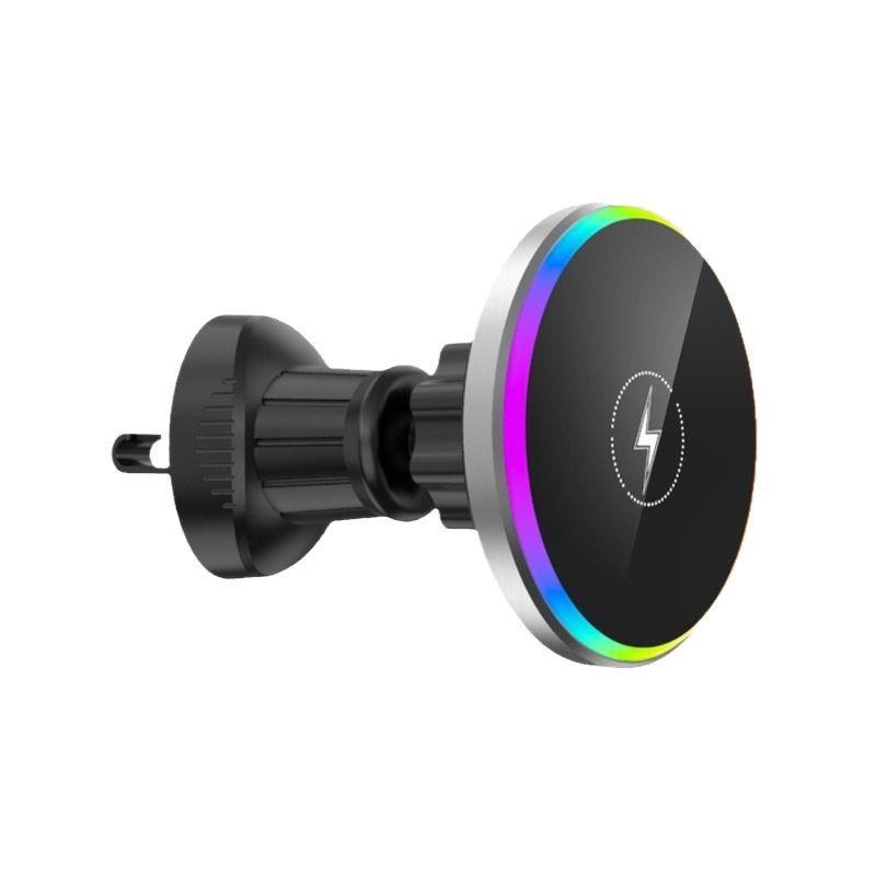 Magnetic Wireless Charger Car Phone Holder Air Vent With Ambient Lighting 15W Fast Charging Aluminum Mount