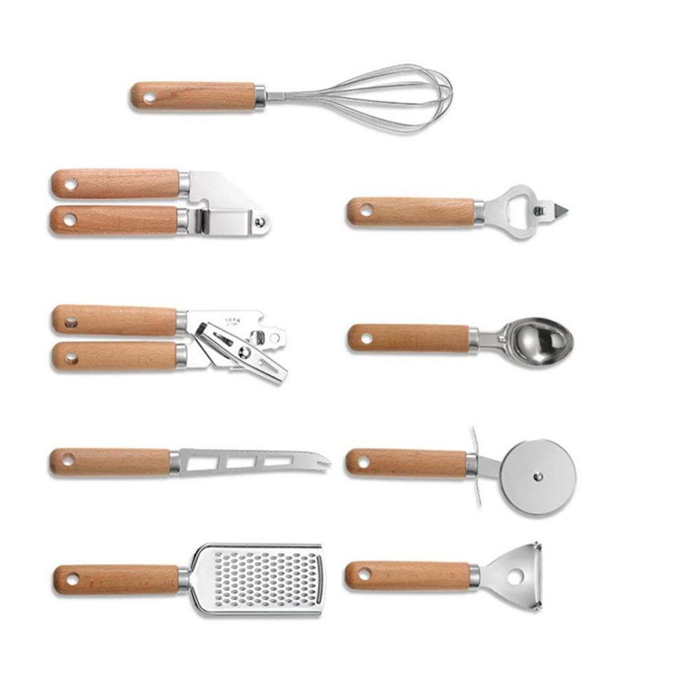 9 PCS Silver Wooden Color Cooking Tool Set Stainless Steel Kitchen Gadget Set Home Kitchen
