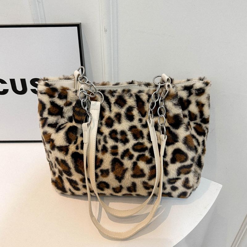 Теплая плюшевая сумка через плечо с леопардовым узором для путешествий, женская, большая вместительная сумка-тоут с цепочным декором, винтажная мягкая сумка из искусственного меха с ручкой сверху, MIT