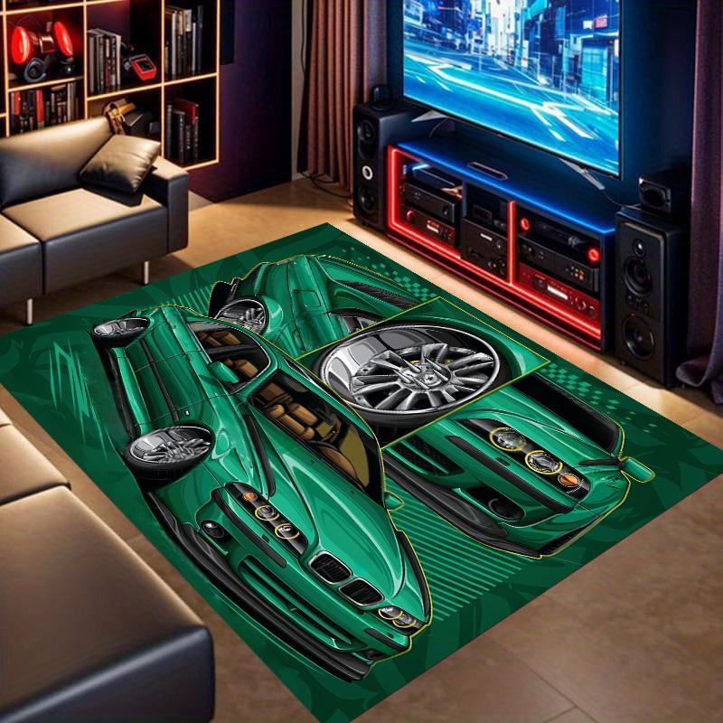 Green Classic Tuner Sedan Comic Split Print Area Rug Non‑Slip Rectangular Floor Mat Modified Car Fan Decor for Gaming Bedroom Living Room