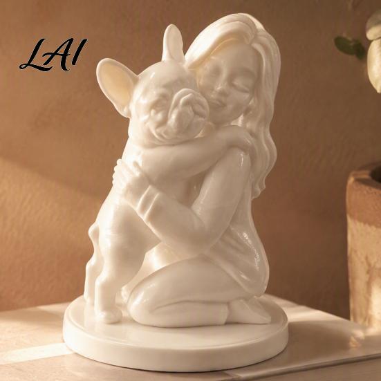 Minimalist White Sculptures 3D Printed Dog And Owner Figurine Bulldog Girl Statue Indoor Patio Decor Healing Hugging Pet Sculpture for Home