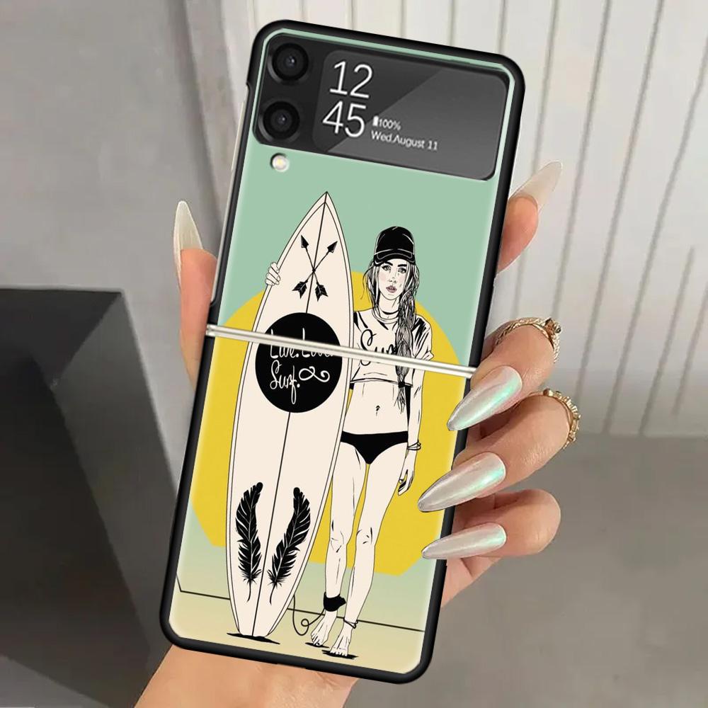 Surf Board Aesthetic Hard PC Phone Case For Samsung Galaxy Z Flip 7 6 5 4 3 Black ZFlip7 ZFlip6 Flip5 Flip4 Flip3 5G Print Cover