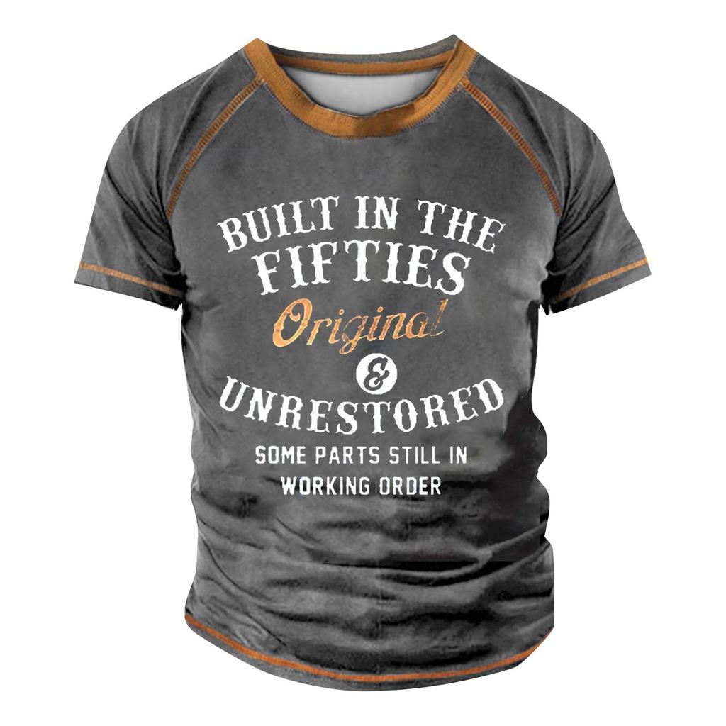 Мужская футболка реглан в стиле ретро с коротким рукавом и круглым вырезом с буквенным принтом, топы