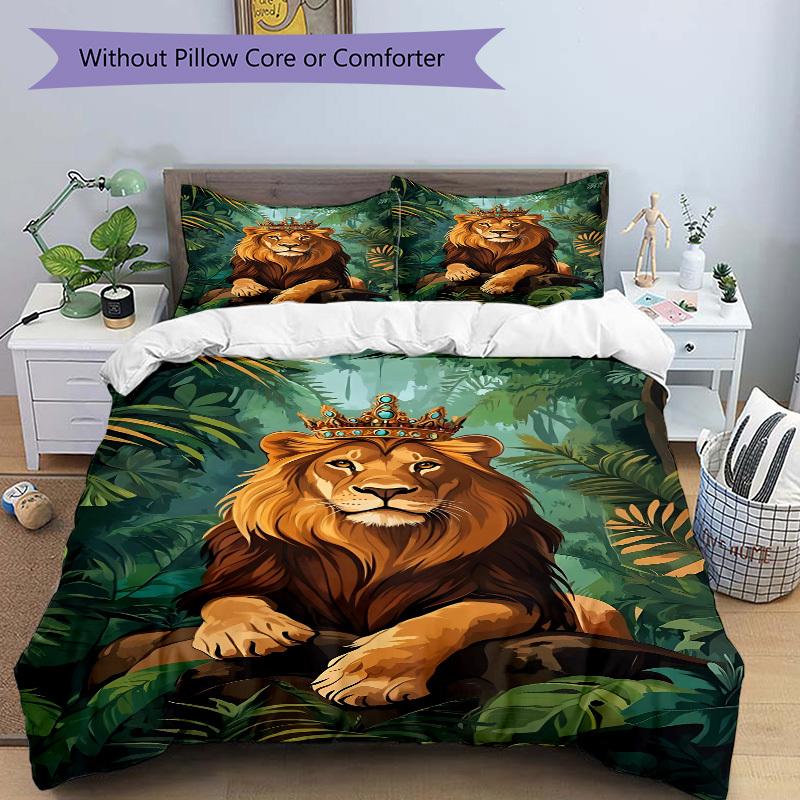 3pcs Royal Lion Crown Bedding Set - 1 Duvet Cover + 2 Pillowcases(Core Not Included), Machine Washable Polyester yy251216168