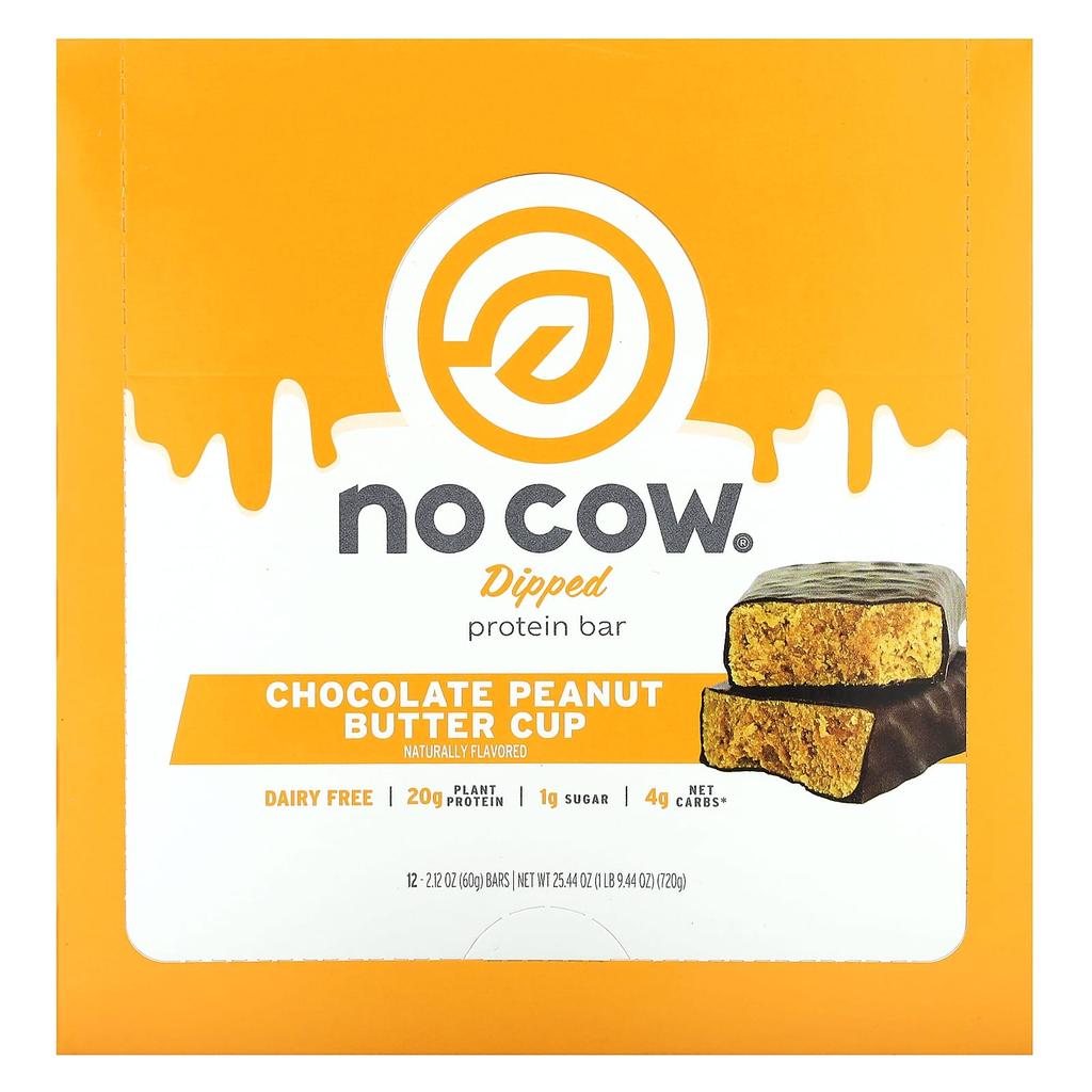 No Cow Dipped Protein Bar, Chocolate Peanut Butter Cups, 12 Bars, 2.12 Oz (60 G) Each