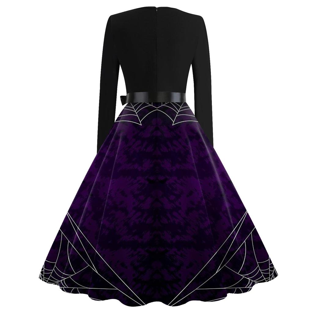 Women's Casual Fashion Long Sleeve Halloween Printed Vintage Long Dresses