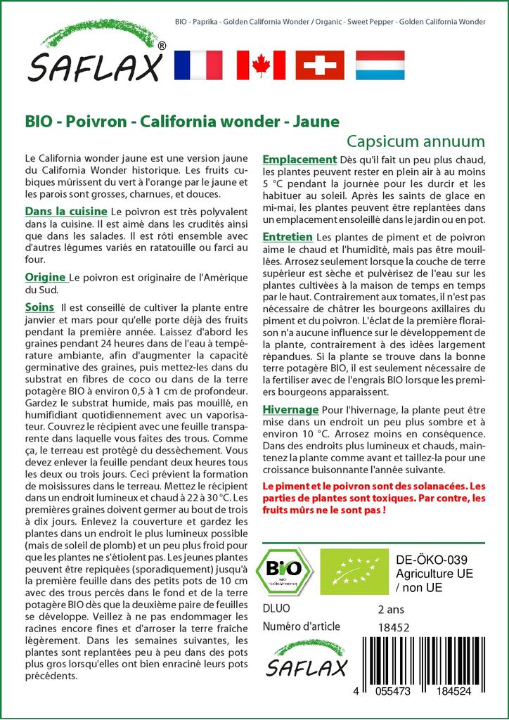 SAFLAX Garden in the Bag - Органический - Перец сладкий - Golden California Wonder - 20 семян - С субстратом в подходящем пакете - Capsicum annuum