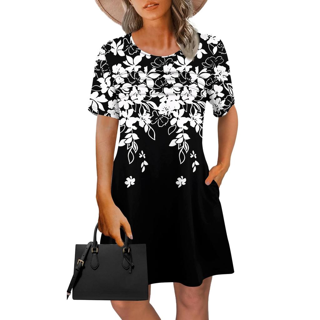 Женское летнее винтажное платье с цветочным принтом, повседневное платье с коротким рукавом и круглым карманом