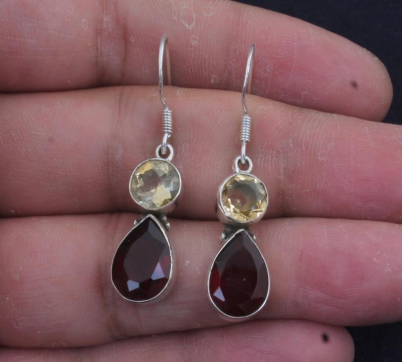 Solid 925 Sterling Silver Garnet & Citrine Gemstone Earrings Drop Earrings Wedding Anniversary Gift
