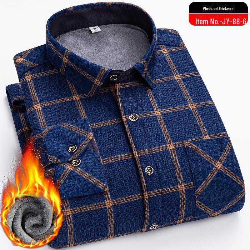 Men's Elastic Non-Iron Plaid Shirt - Warm, Thickened, Long-Sleeved for Casual or Business Wear In Autumn and Winter.