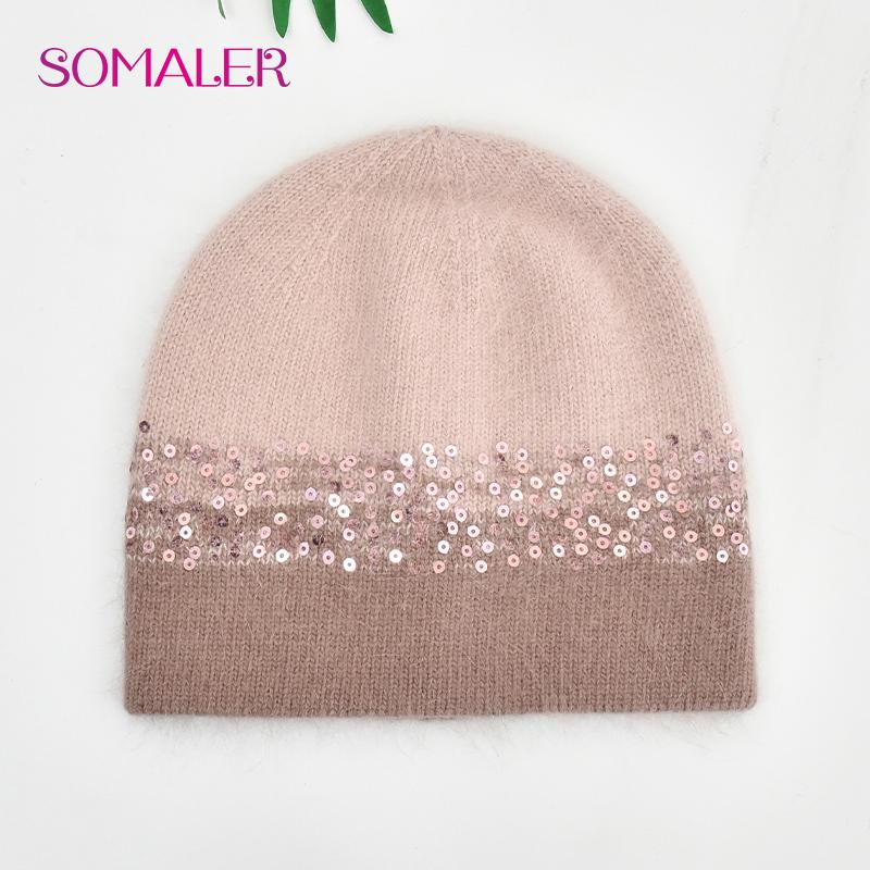 SOMALER Зимние шапки для женщин Теплая вязаная шапка из ангоры Модная шапка-бини с пайетками Толстая длинная шапка-ушанка из кроличьего меха