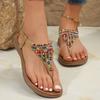 Сандалии в римском стиле женские летние 2024 года с цветным декором из бисера, плоская подошва, удобные бохо-сандалии с застежкой-клипсой и бусинами