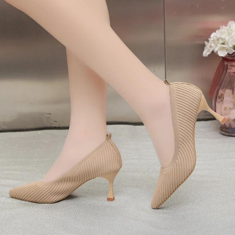 Модные черные туфли на высоком каблуке 2024 года, новые женские туфли с неглубоким носком, профессиональные рабочие туфли с острым носком и шпильками, вязаные одинарные туфли