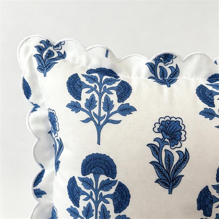 Elegant Blue And White Print Square Pillowcase With Embroidered Accent And Fade Resistant Materials