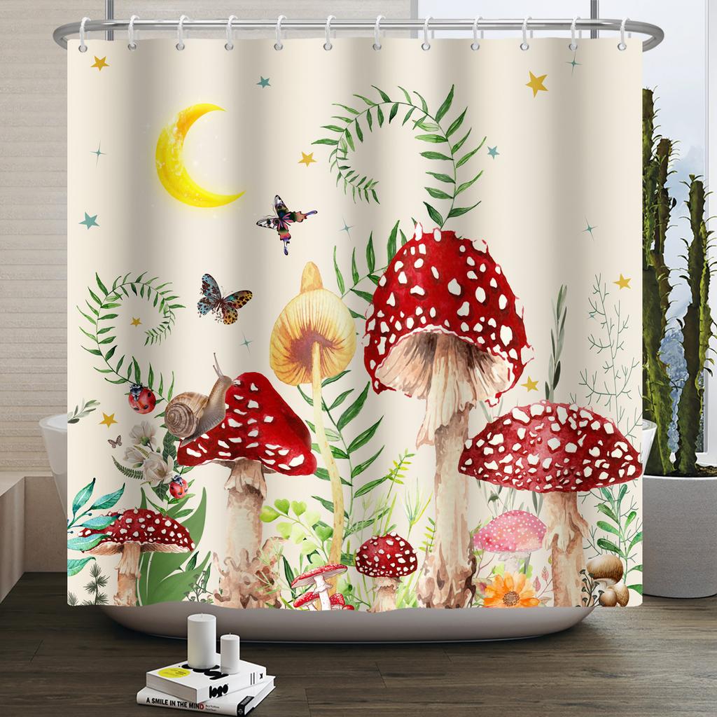 Гриб Занавеска для душа Цветок Зеленый лист Растение Лес Бабочка Ботанический Цветочный Белка Эстетика Водонепроницаемая Занавеска для ванной