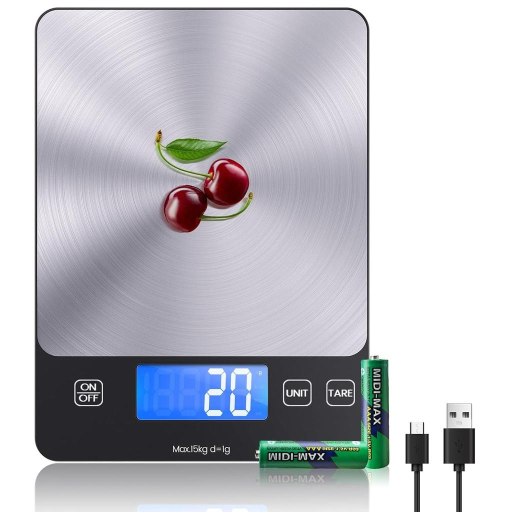 USB C Rechargeable & 15 Kg Digital Kitchen Scale,Electronic Kitchen Scale,High Precision Food Scale,Professional with Tare Function,Batteries