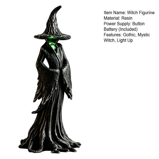 Creepy Tabletop Sculpture Halloween Witch Statue, LED Light Up Gothic Resin Figurine, Birthday Gift for Her Dark Fantasy Mysterious Desktop Bookshelf