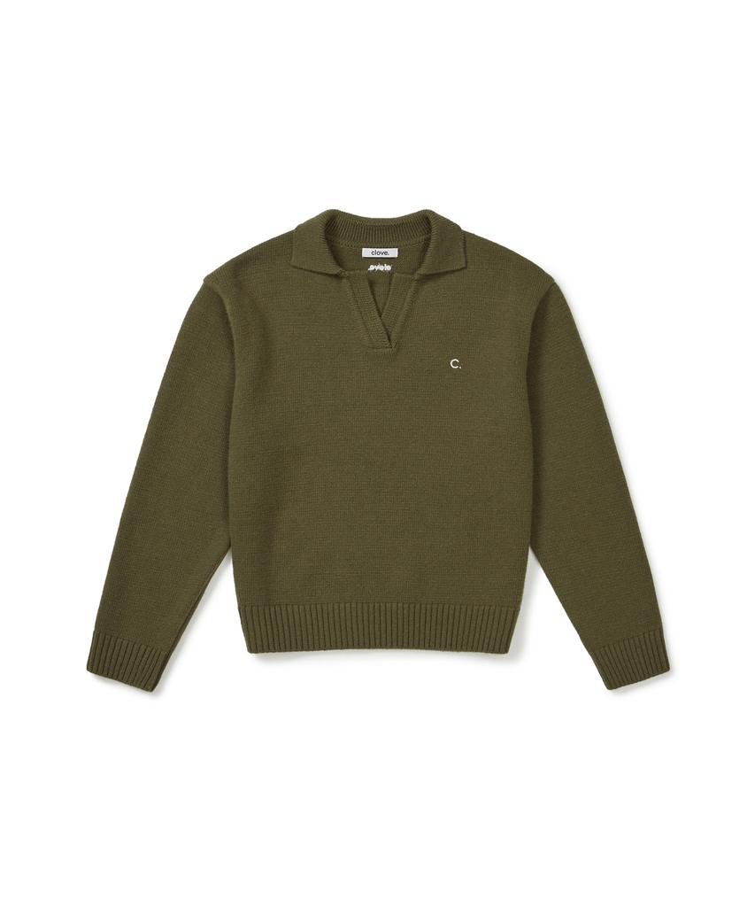 CLOVE [25Fw Clove] Open-Collar Knit Sweater (Khaki)