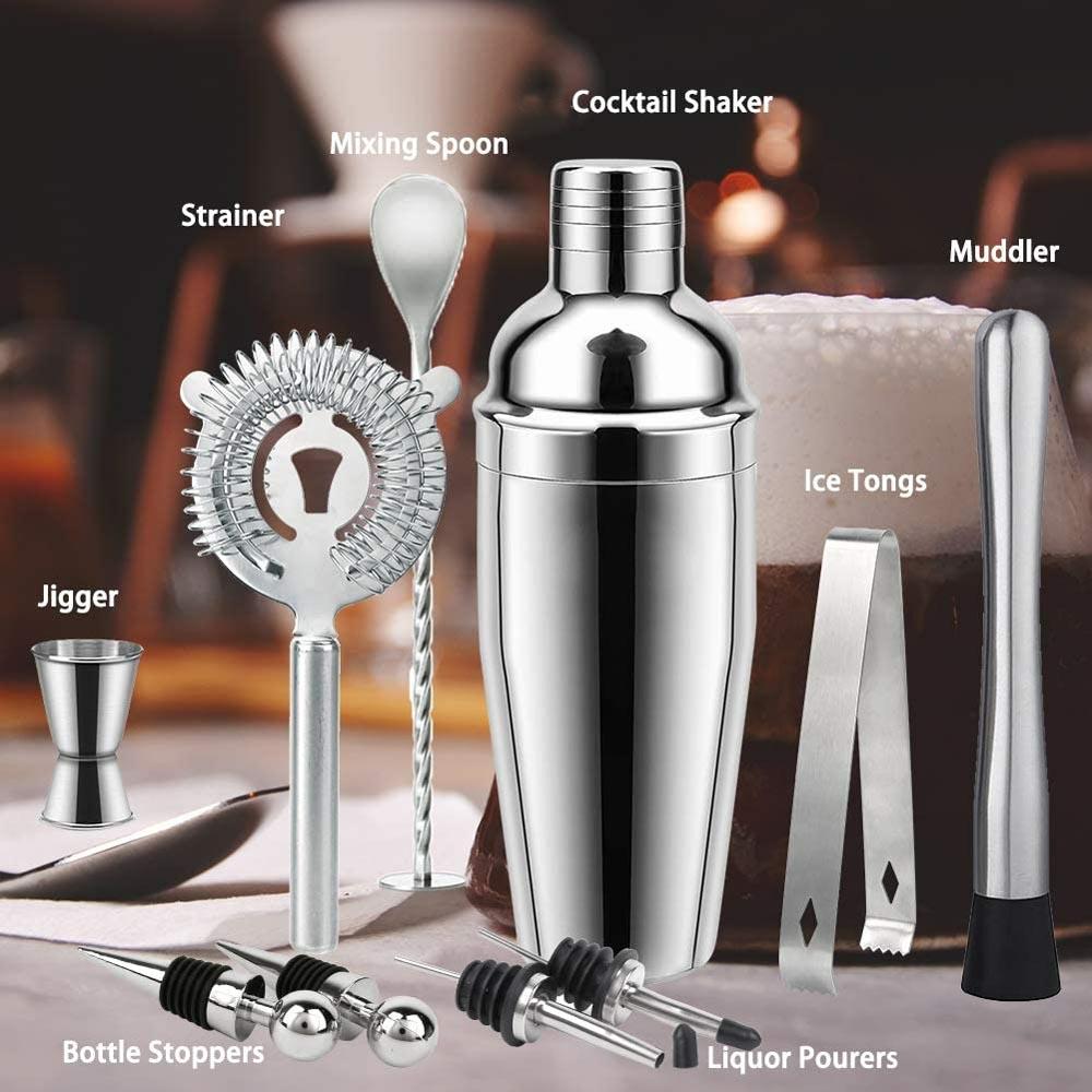 Top Seller Camol Brand 10-Piece Stainless Steel Silver 750ml LFGB Certified Classic Cocktail Shaker Bar Tool Set Jigger Muddler