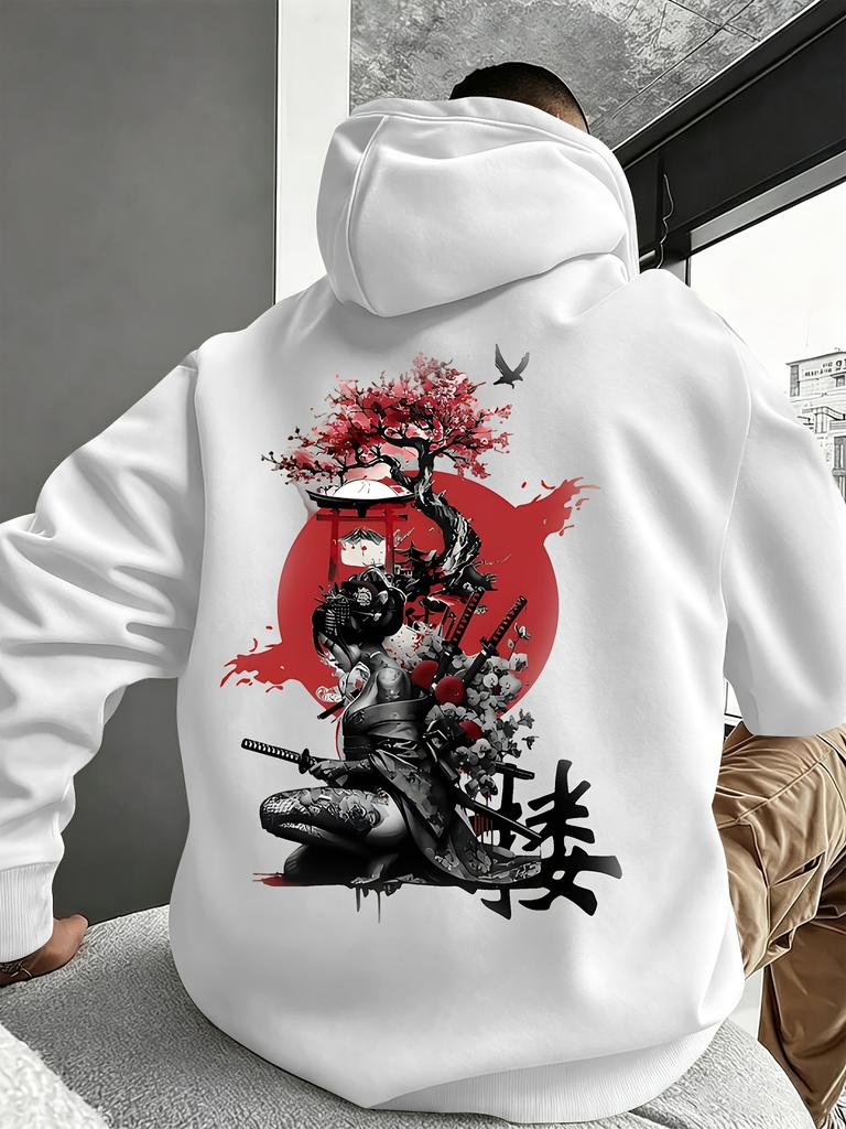 Unisex Japanese Geisha Samurai Sakura Print Hoodie Men Back Graphic Pullover Sweatshirt Harajuku Streetwear Long Sleeve Hooded Top