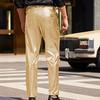 Men Pants Mid-rise Button Zipper Fly Shiny Casual Trousers with Reinforced Pockets Solid Color Glossy Club Pants