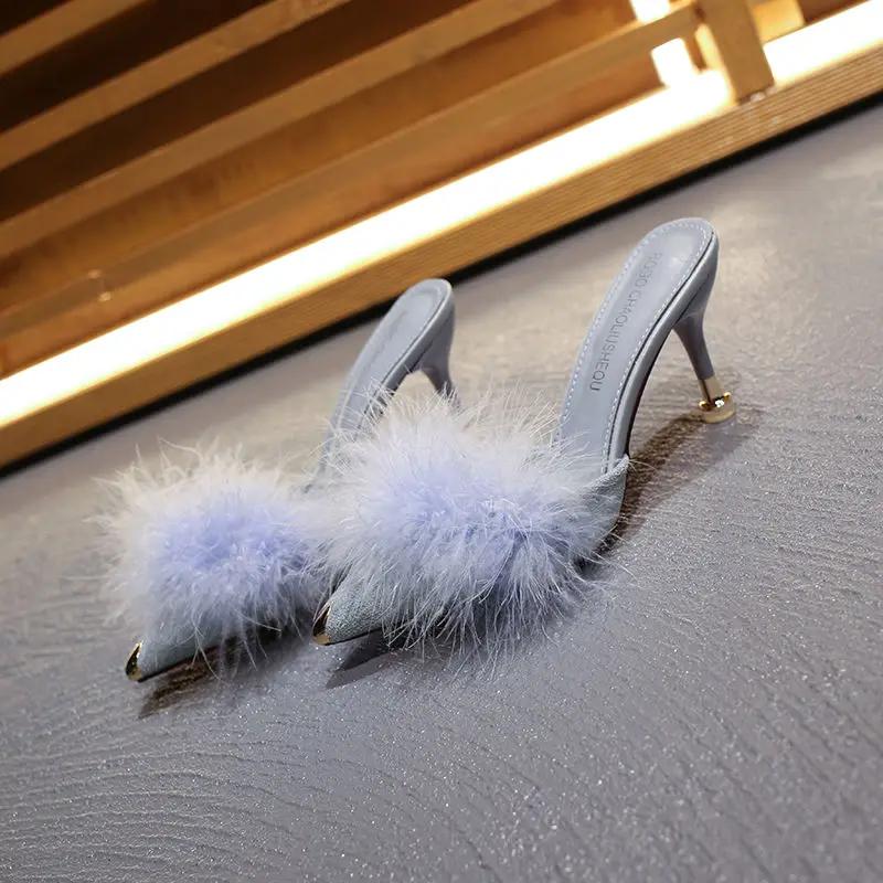 Fur Slippers Woman High Thin Heels Woman Shoes Sexy Pointed Top Outdoor Slides Fashion Summer House Slippers Flip Flops Sandals