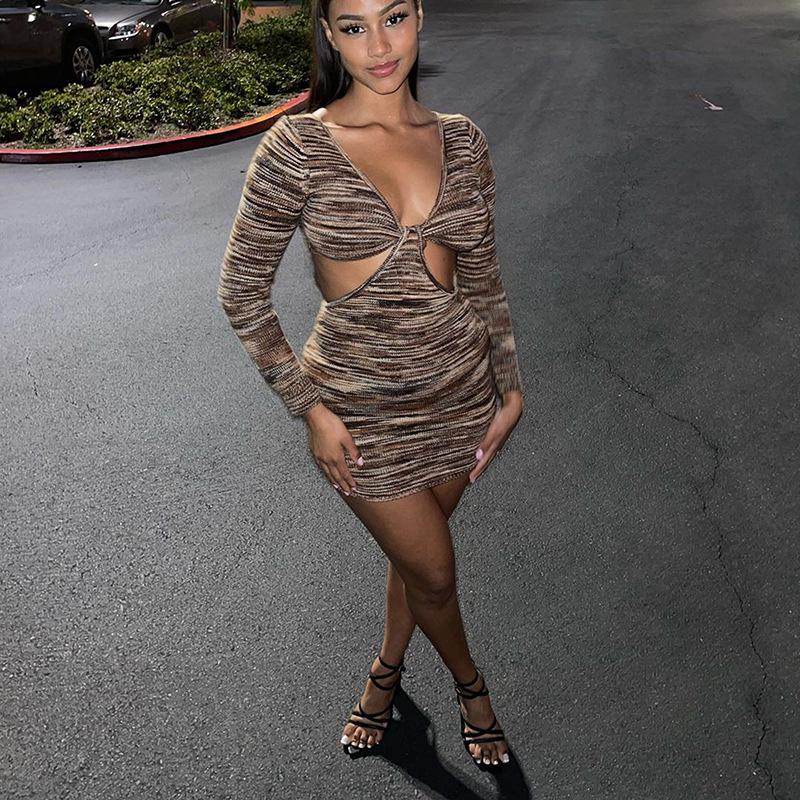 JH5906 Женское сексуальное платье в европейском и американском стиле с V-образным вырезом и длинными рукавами в рубчик