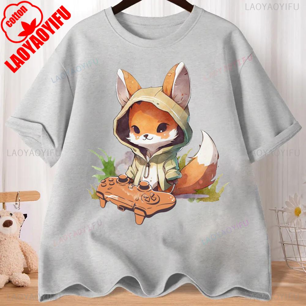 Lovely Cartoon Fox Graphic T-shirts Comfort and Fashion Coexist Short-sleeve Round Neck Regular Fit Clothes CRAZY FOX LADY
