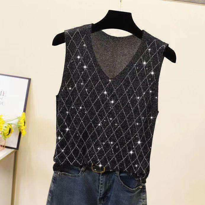 2023 Блестящий шелковый женский жилет без рукавов с V-образным вырезом - Новый стиль весна/лето, свободный крой с вязаным дизайном на бретелях с горячими бриллиантами