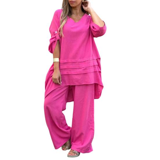 2 шт./комплект женский повседневный наряд с круглым вырезом и рукавом 3/4 средней длины топы с эластичной талией широкие длинные брюки комплект однотонная домашняя одежда