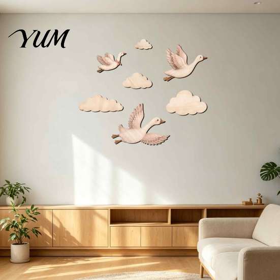 DIY Wall Stickers for Baby Room 7Pcs/Set Wooden Flying Goose and Cloud Art Decor Nursery, Self-Adhesive Bohemian Rustic Wood Bedroom Decoration