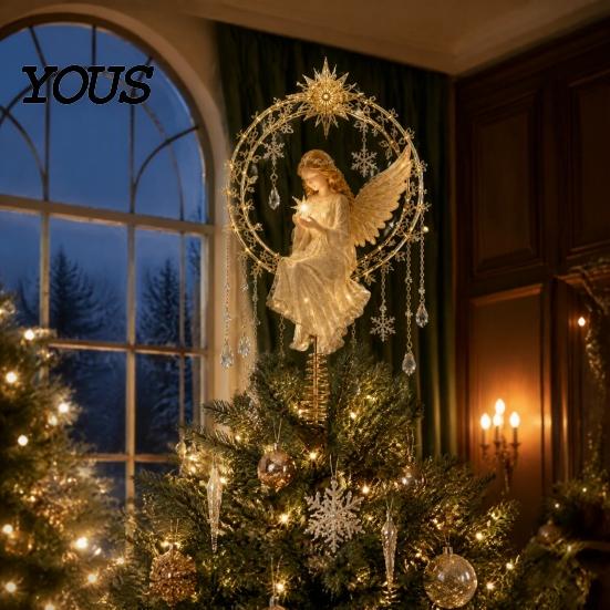 Elegant Tree Top Decor Christmas Angel Topper, Acrylic Winged Treetop Ornament with Decorative for Windows Spring Base Xmas Tree, Holiday Home