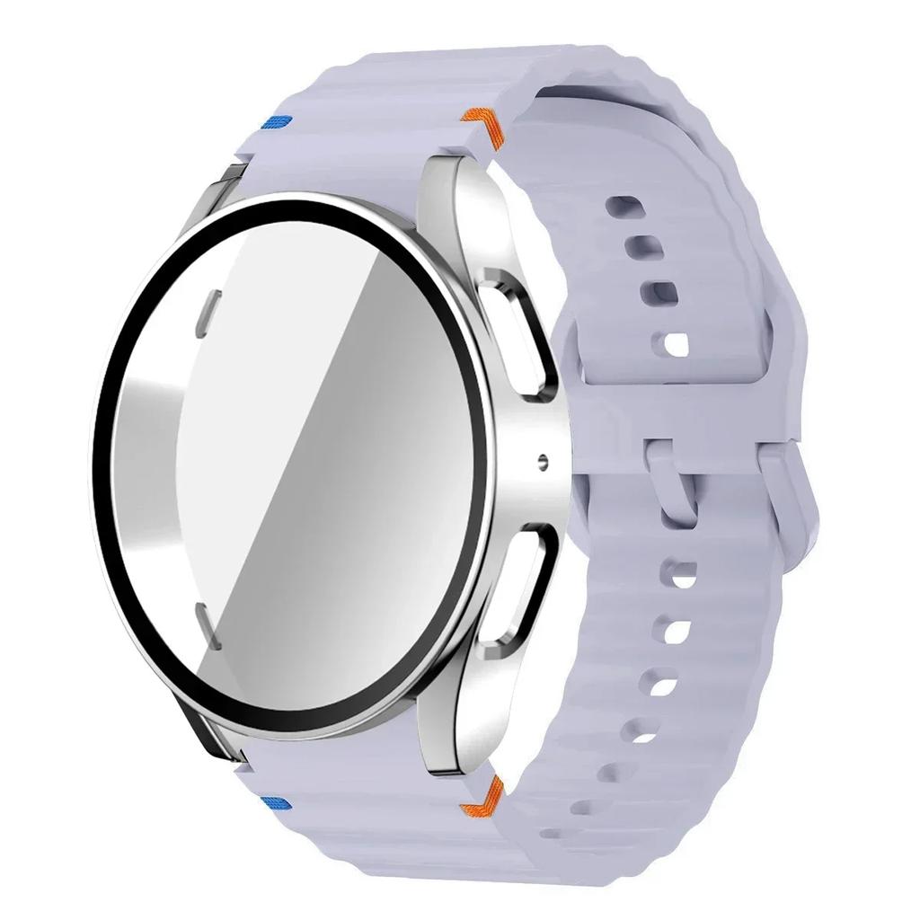 Чехол+Ремешок для Samsung Galaxy Watch 7 6 5 4 40мм 44мм Силиконовый Браслет Защитная Пленка для Экрана из Закаленного Стекла Бампер