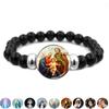 Christian Jesus Black Beads Strand Bracelet Elastic Jewelry Virgin Mary Glass Snap Button Bracelets for Men Women Catholic Gifts