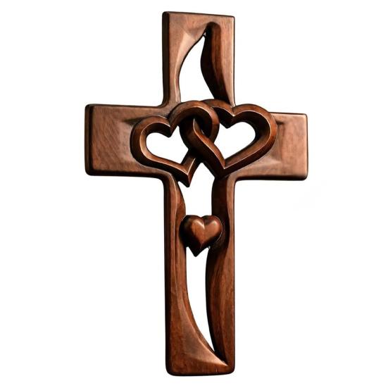 Деревянное настенное украшение «Переплетенные сердца» Ручная резьба Двойные сердца Настенная скульптура Украшение для дома Гостиная Настенное подвесное украшение Христианский религиозный орнамент