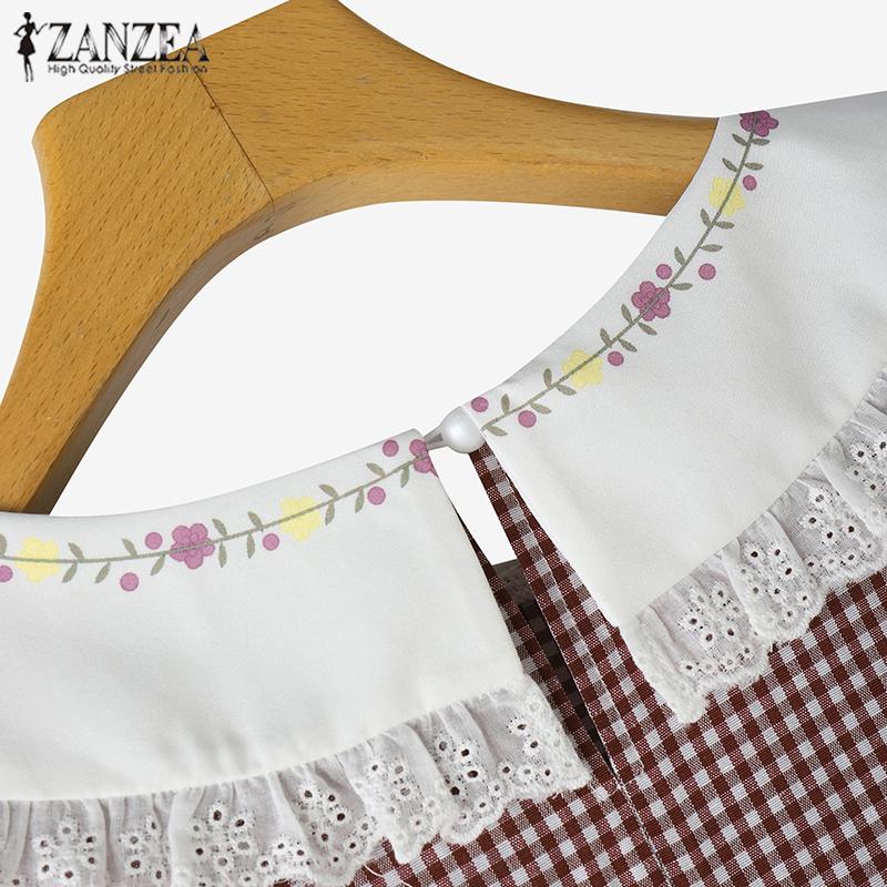 ZANZEA Женская повседневная блузка с длинным рукавом в стиле пэчворк и воротником-куклой в клетку