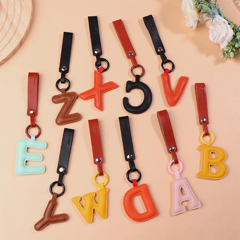 A To Z Pu Leather Initial Letter Keychain Women Cartoon Candy Color Bag Phone Pendant Car Keyrings Jewelry Gifts