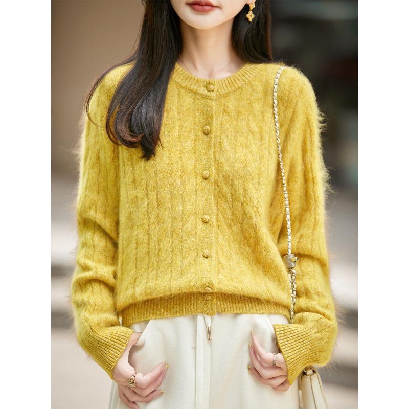 Pink Taro Cable Knit Wool-Blend Cardigan: 2023 Autumn/Winter Women's Long Sleeve Round Neck Sweater