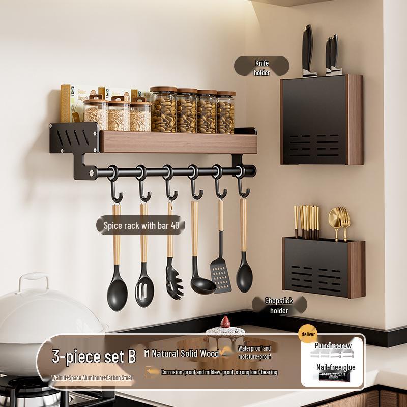 Punch-Free Wall-Mounted Walnut Kitchen Storage Rack: Multi-Layer Spice Shelf
