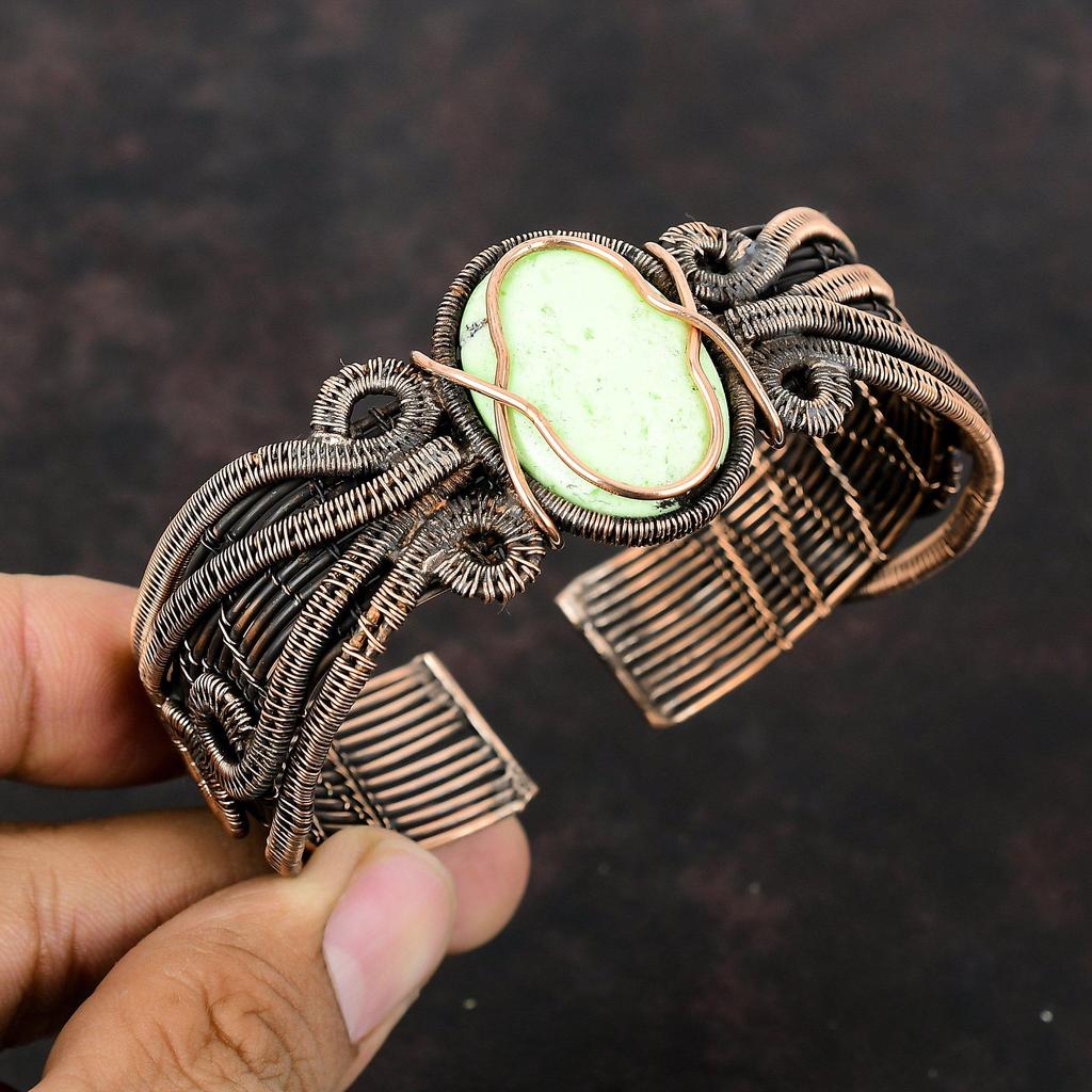 Браслет-манжета с лимонным хризопразом, медная проволока, регулируемый браслет, ювелирные изделия ручной работы, браслет с драгоценными камнями, медный браслет-манжета, подарок для нее