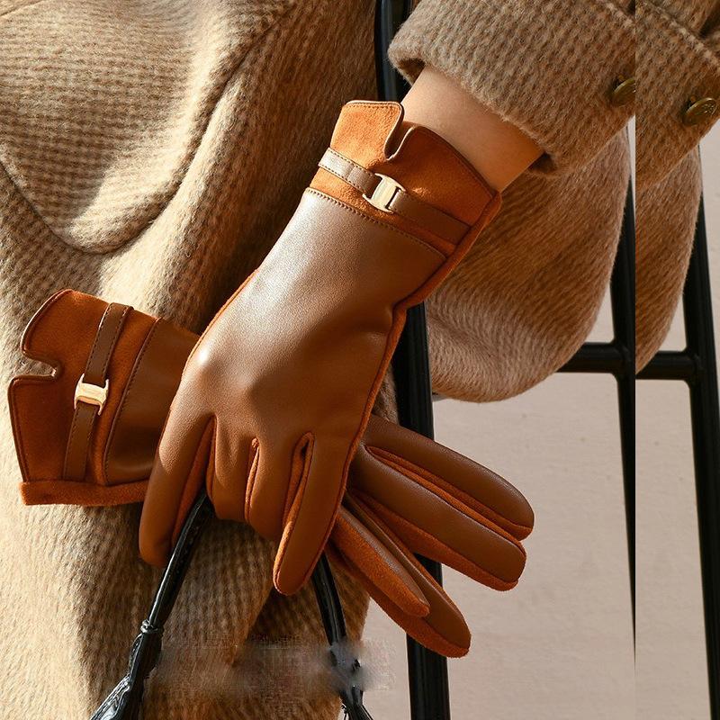 Новые кожаные перчатки женские зимние теплые флисовые утолщенные сенсорные зимние перчатки для вождения