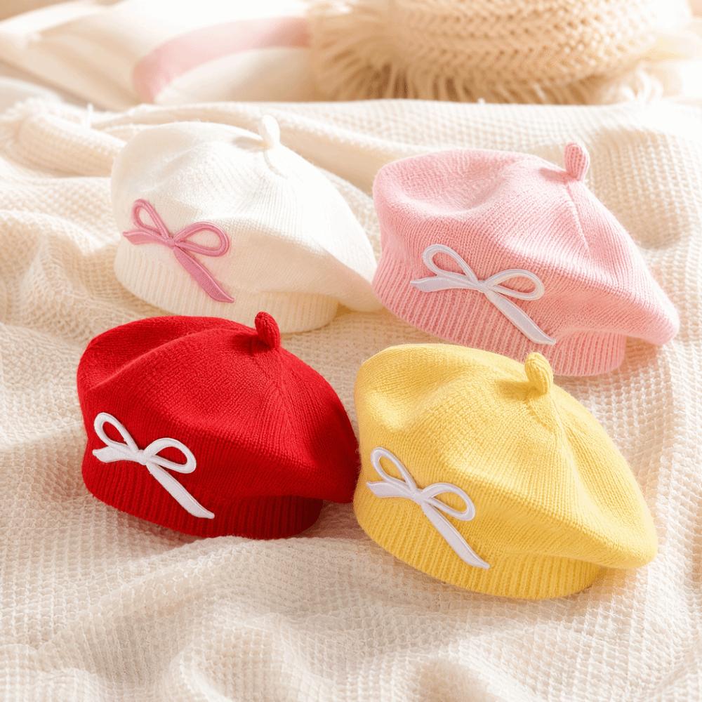Thick Warm Girls Painter Cap Cotton Toddler Warm Beanie Fashion Bow Knit Headwear Girl