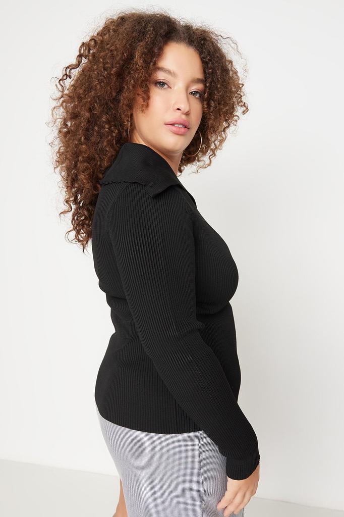 Women's Fashion New Plus Big Size Sweater Black Boat Neck Fine Knitwear Blouse