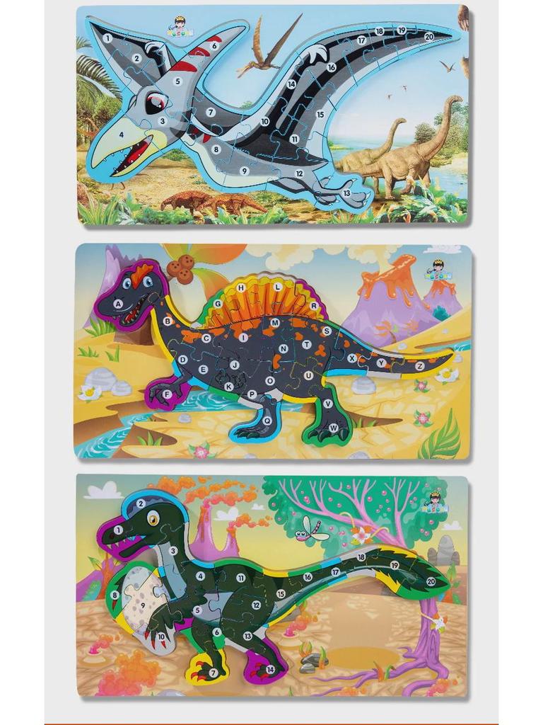 Children's 3D Wooden Dinosaur Puzzle: Number & Letter Educational Toy for Ages 3-6
